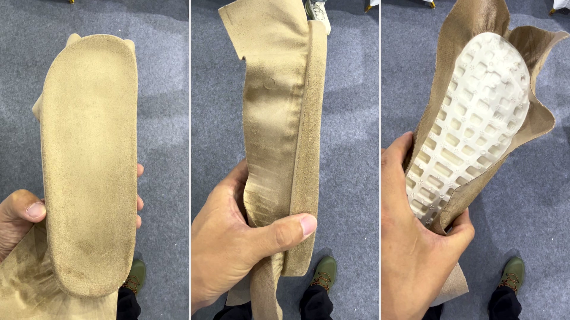 Three views of a finished vacuum-formed fabric-covered PVC midsole: footbed, wrapped sidewall and moulded underside