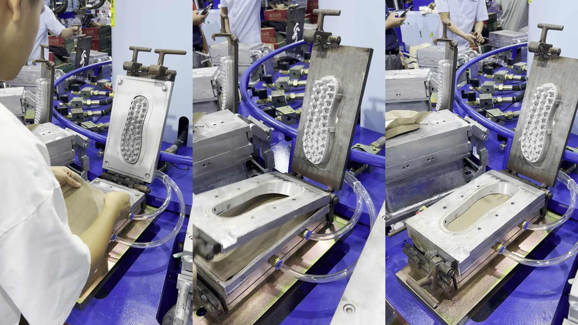 Three stages of the vacuum fabric process: positioning the textile, drawing it into the cavity and checking the seated fabric