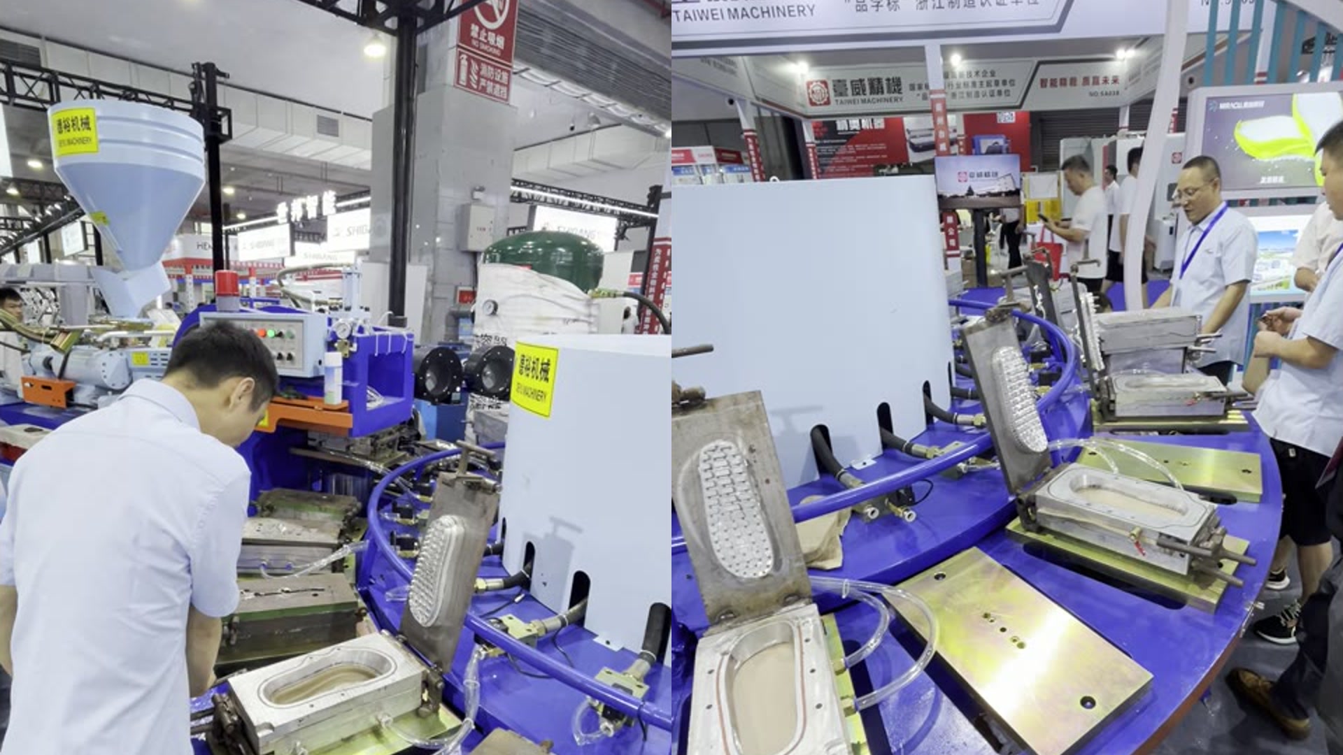 Operator access and vacuum mould stations during the Wenzhou footwear machinery exhibition demonstration